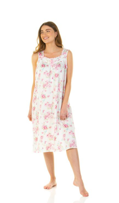 Sue Marks Luxury 100% Combed Cotton Roses Woven Sleeveless Nightdress